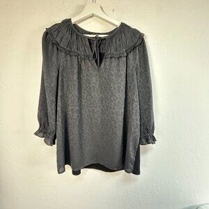 Current Air Womens Southwark Shirred Top Blouse Medium Gray Leopard Ruffe Trim